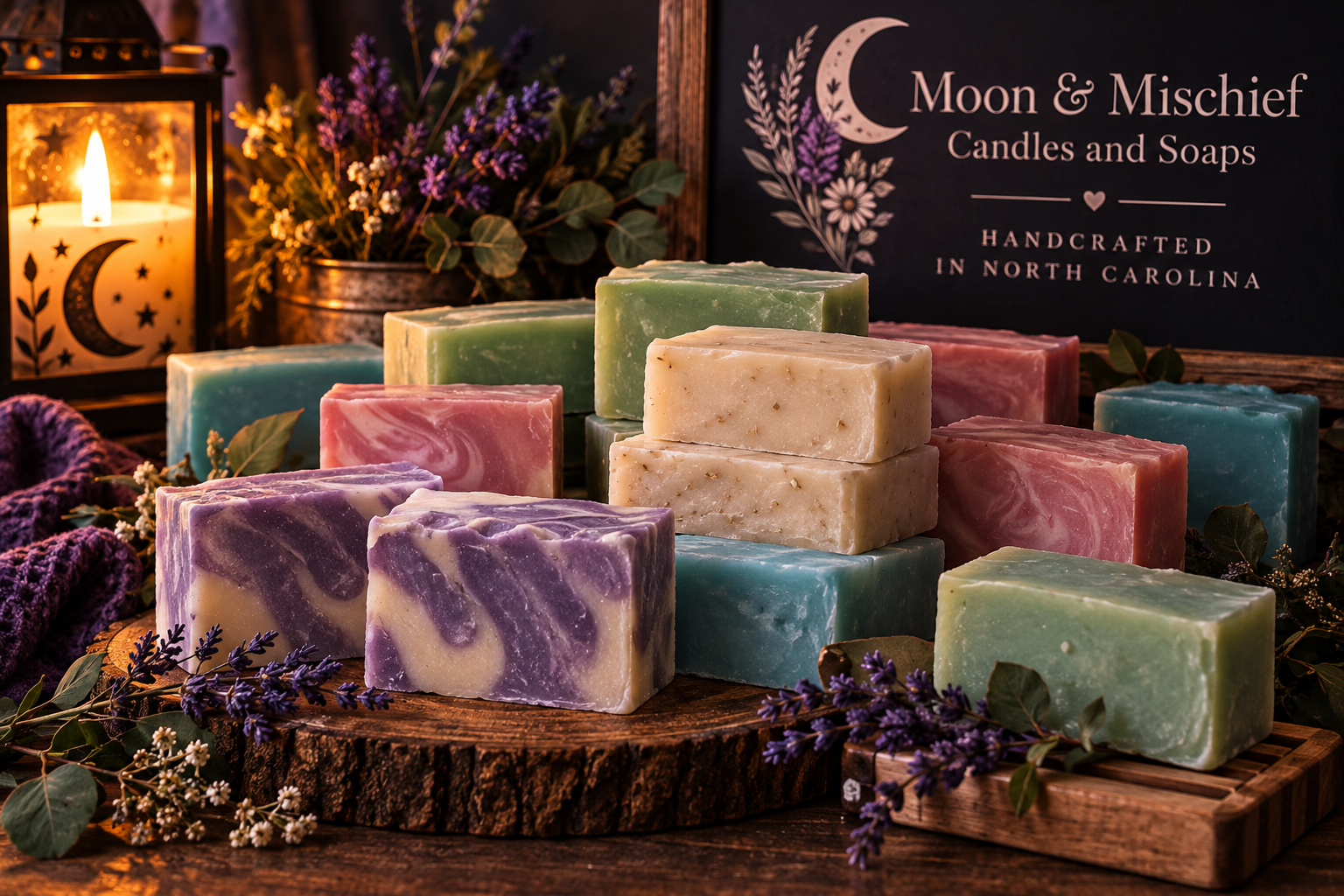 Assorted handcrafted Moon and Mischief soap bars.