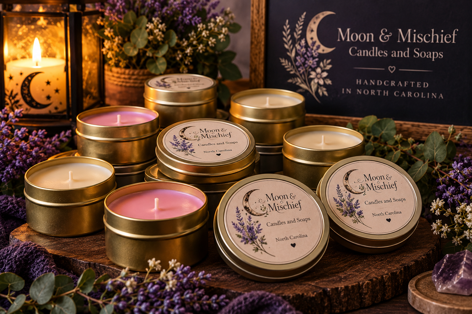 Handcrafted Moon and Mischief candles in small metal tins.