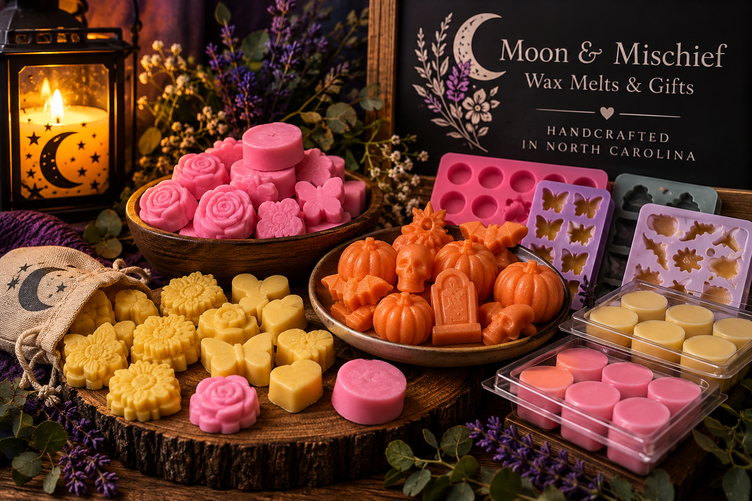 Assorted handcrafted Moon and Mischief wax melts in seasonal shapes.